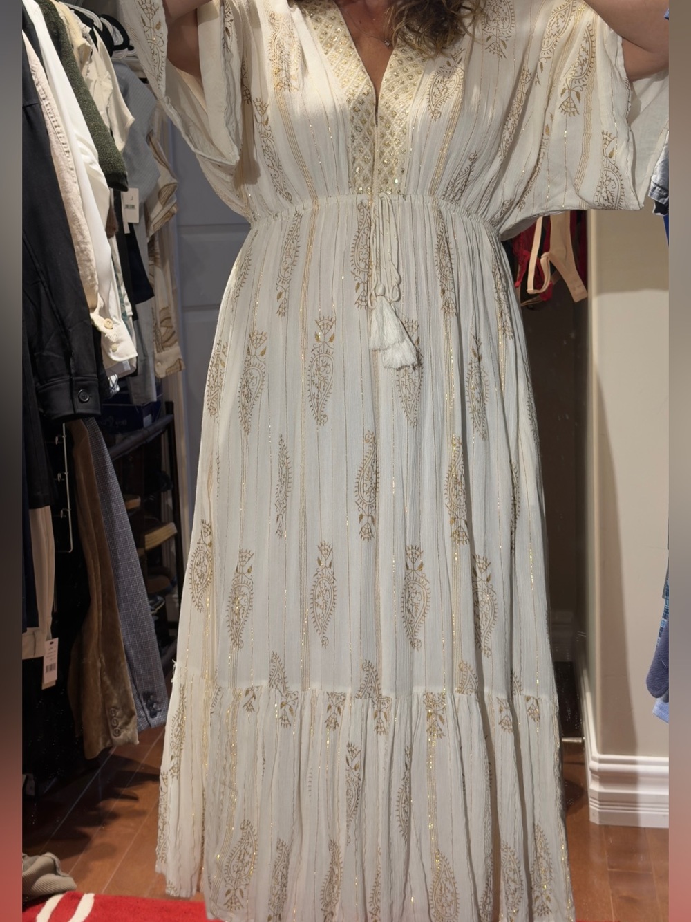 ⭐️Oversized ❗️NWT APRICOT Cream Gold Foil Embroidered Sequin V Neck Tassel Maxi